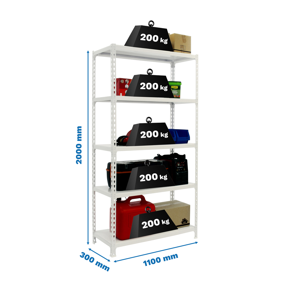 Rayonnage métallique léger sans vis 2000x1100x300 - 5 niveaux Blanc - SIMON RACK - 8425437076503