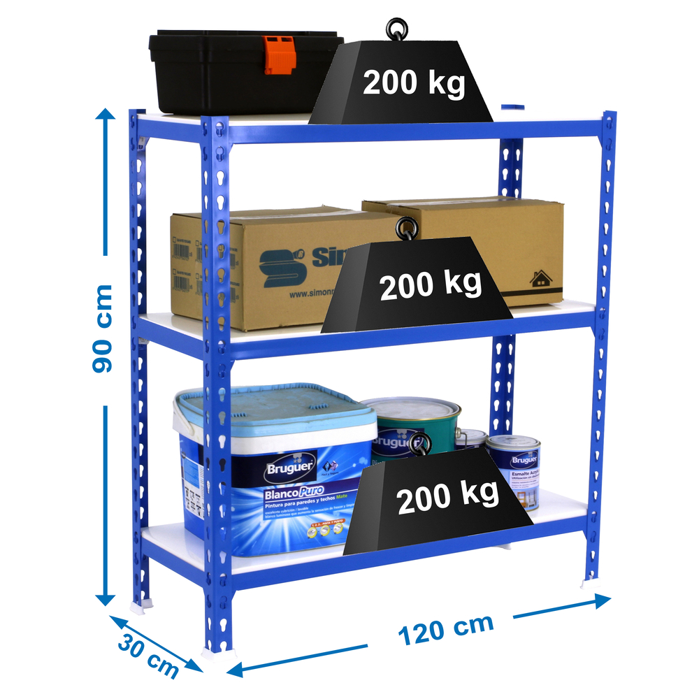 Rayonnage métallique léger sans vis 900x1200x300 - 3 niveaux Bleu/Blanc - SIMON RACK - 8425437076534