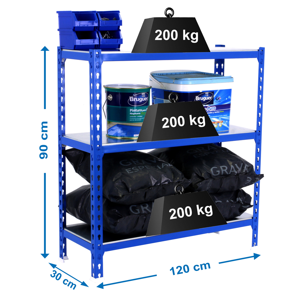 Rayonnage métallique léger sans vis 900x1200x300 - 3 niveaux Bleu - SIMON RACK - 8425437076541
