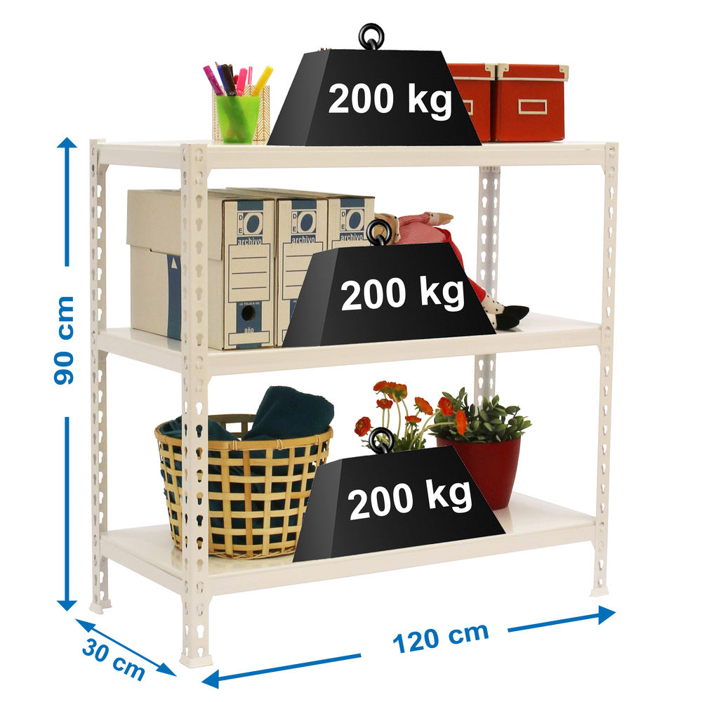Rayonnage métallique léger sans vis 900x1200x300 - 3 niveaux Blanc - SIMON RACK - 8425437076565