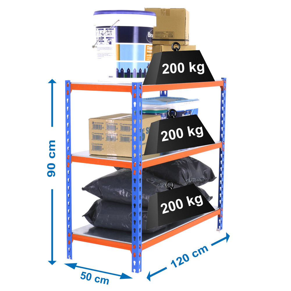 Rayonnage métallique léger sans vis 900x1200x500 - 3 niveaux Bleu/Orange - SIMON RACK - 8425437076657