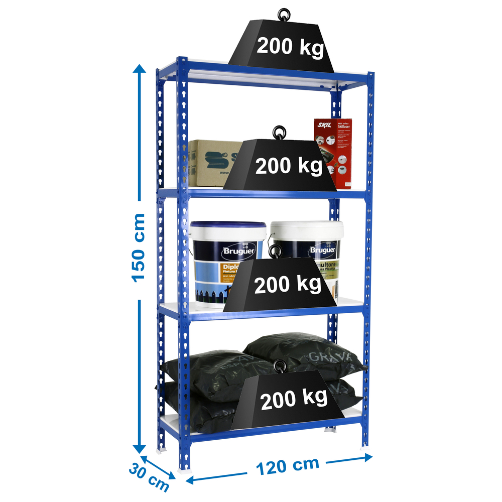 Rayonnage métallique léger sans vis 1500x1200x300 - 4 niveaux Bleu/Blanc - SIMON RACK - 8425437076688