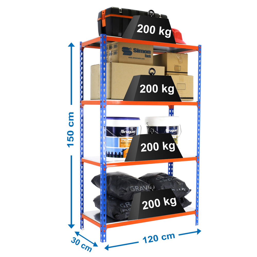 Rayonnage métallique léger sans vis 1500x1200x300 - 4 niveaux Bleu/Orange - SIMON RACK - 8425437076701