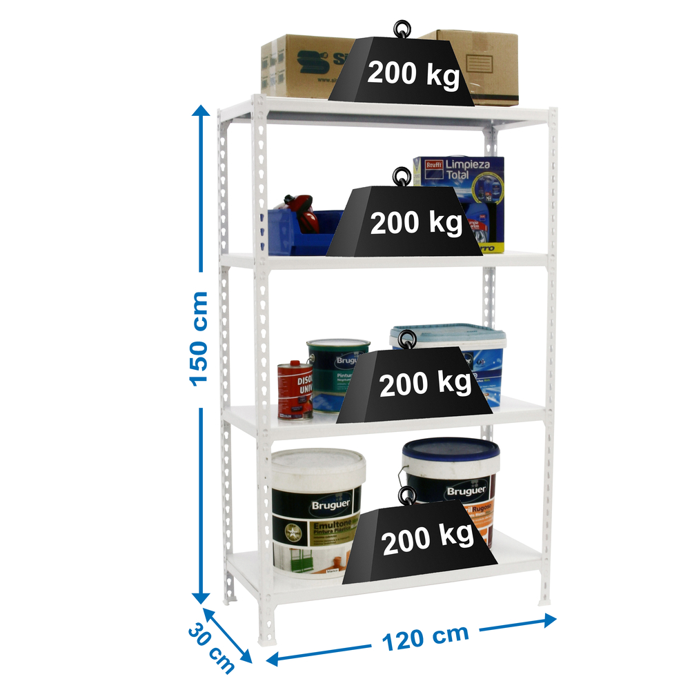 Rayonnage métallique léger sans vis 1500x1200x300 - 4 niveaux Blanc - SIMON RACK - 8425437076718