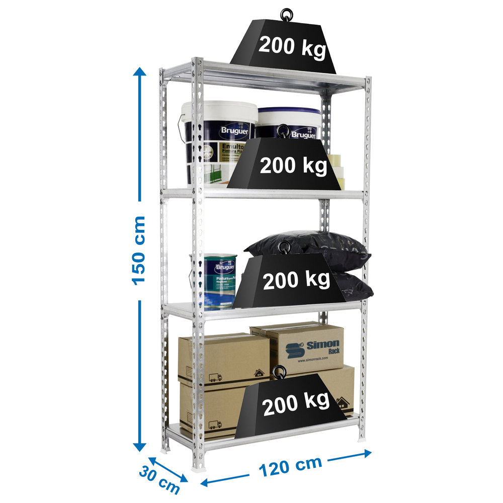 Rayonnage métallique léger sans vis 1500x1200x300 - 4 niveaux Galvanisé - SIMON RACK - 8425437076725