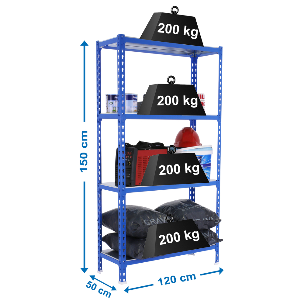 Rayonnage métallique léger sans vis 1500x1200x500 - 4 niveaux Bleu - SIMON RACK - 8425437076794