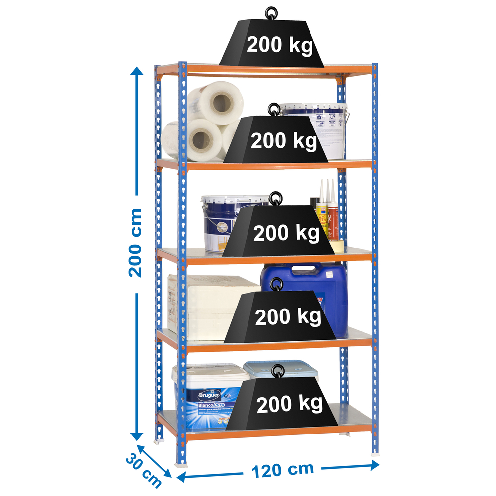 Rayonnage métallique léger sans vis 2000x1200x300 - 5 niveaux Bleu/Orange - SIMON RACK - 8425437076855
