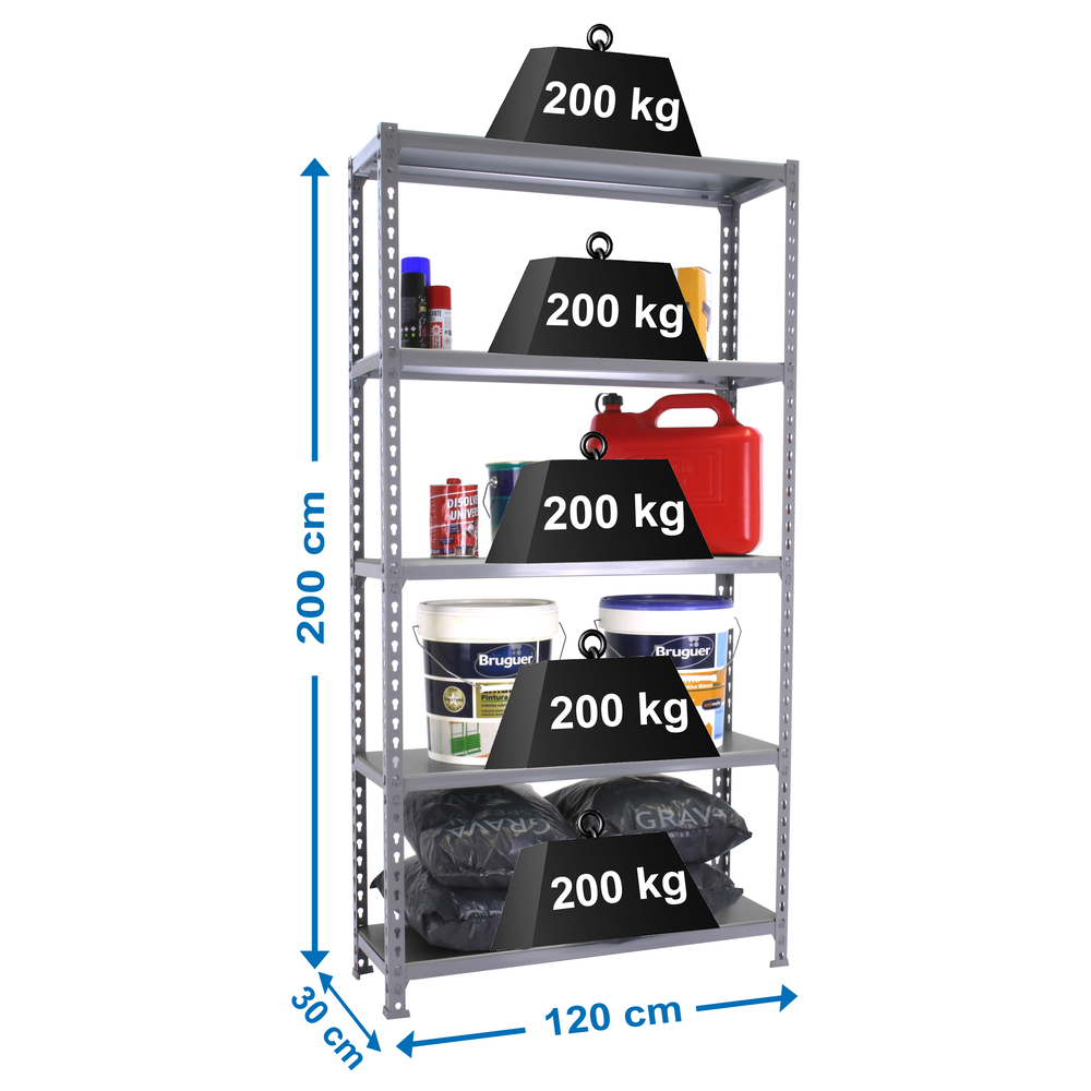 Rayonnage métallique léger sans vis 2000x1200x300 - 5 niveaux Gris - SIMON RACK - 8425437076886