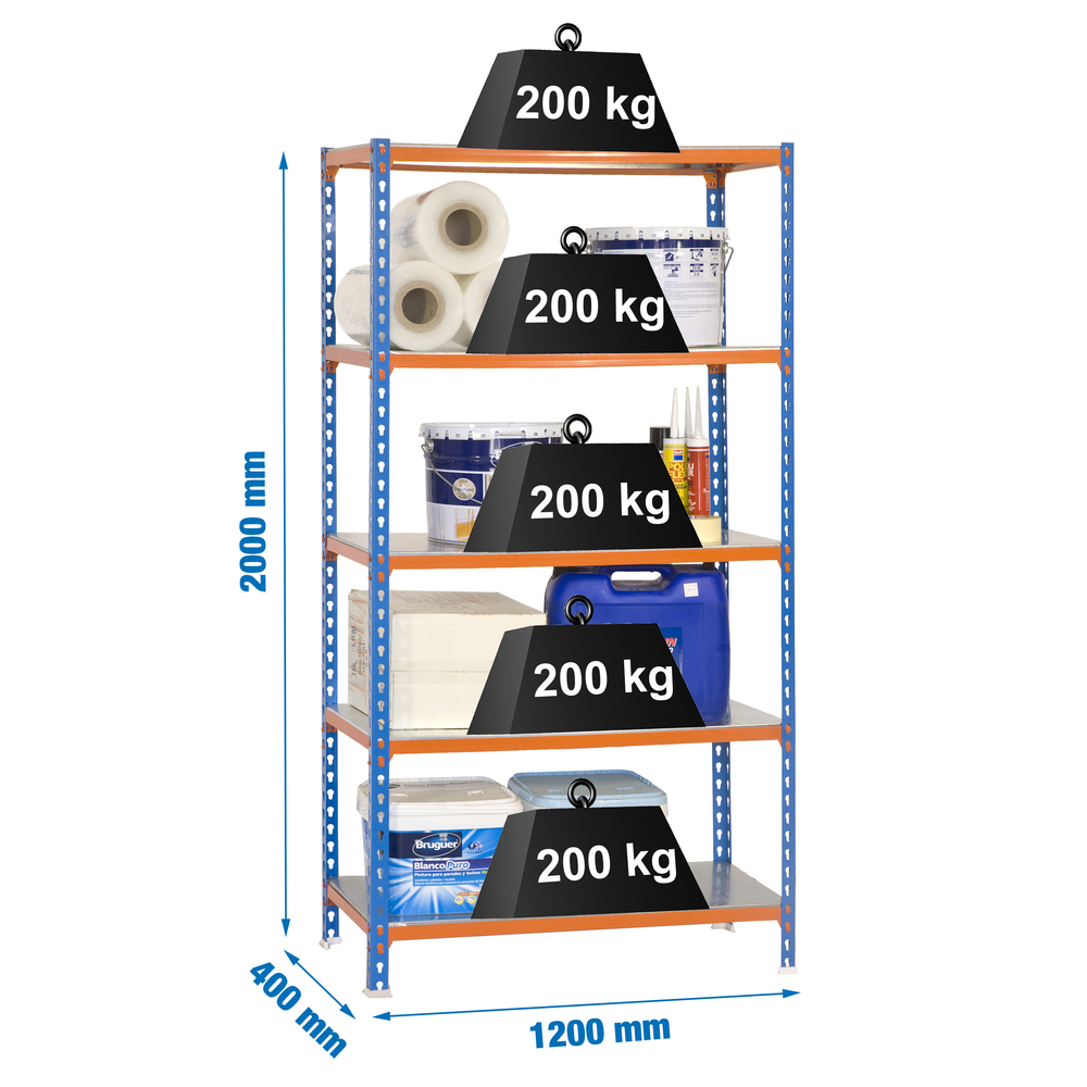 Rayonnage métallique léger sans vis 2000x1200x400 - 5 niveaux Bleu/Orange - SIMON RACK - 8425437076916