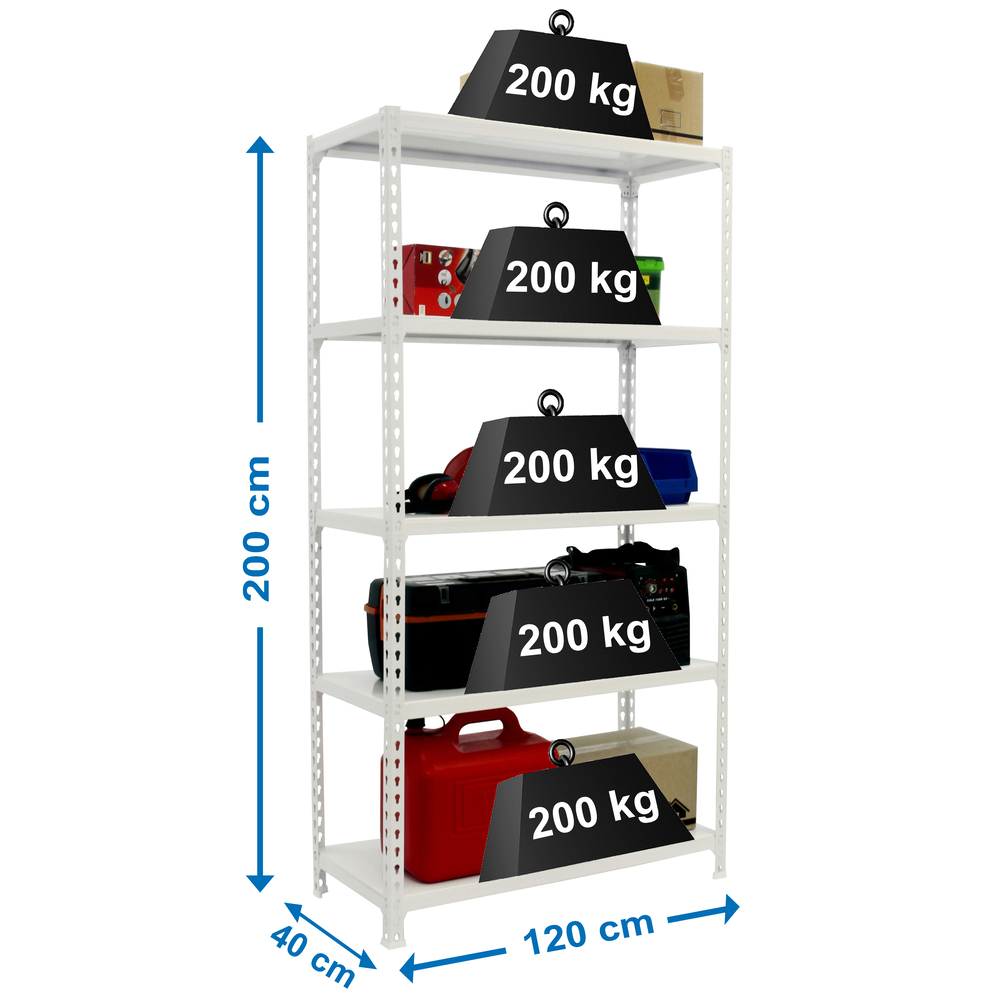 Rayonnage métallique léger sans vis 2000x1200x400 - 5 niveaux Blanc - SIMON RACK - 8425437076923