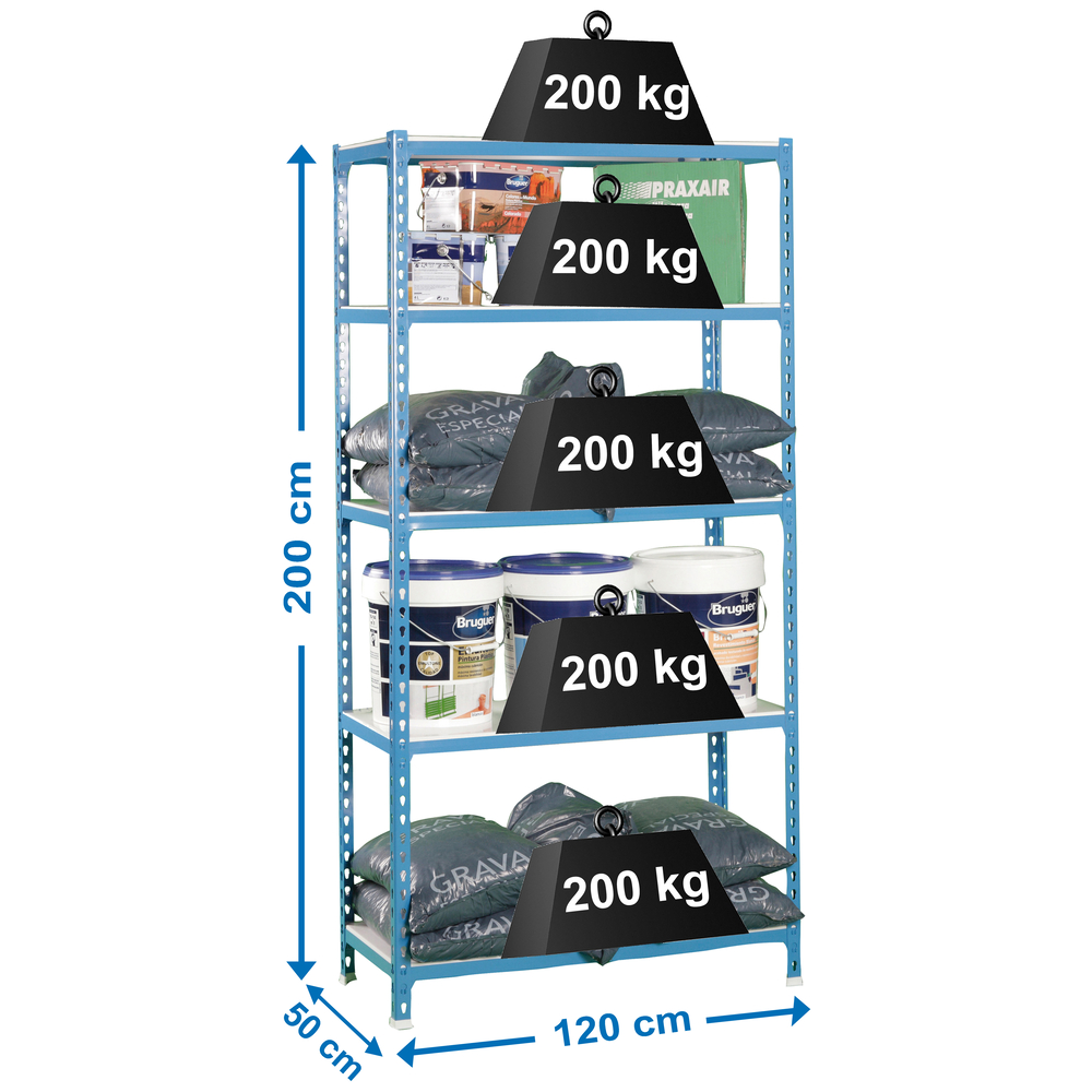 Rayonnage métallique léger sans vis 2000x1200x500 - 5 niveaux Bleu/Blanc - SIMON RACK - 8425437076954