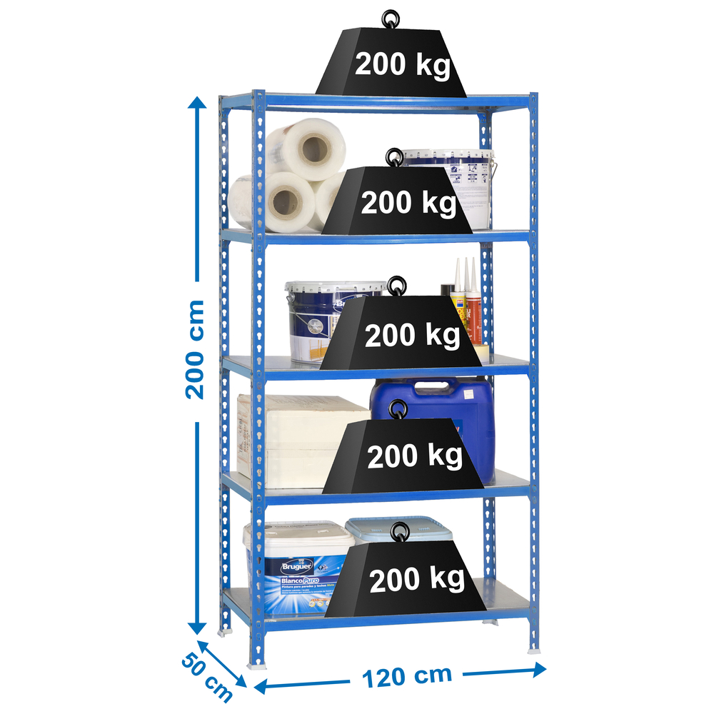 Rayonnage métallique léger sans vis 2000x1200x500 - 5 niveaux Bleu - SIMON RACK - 8425437076961