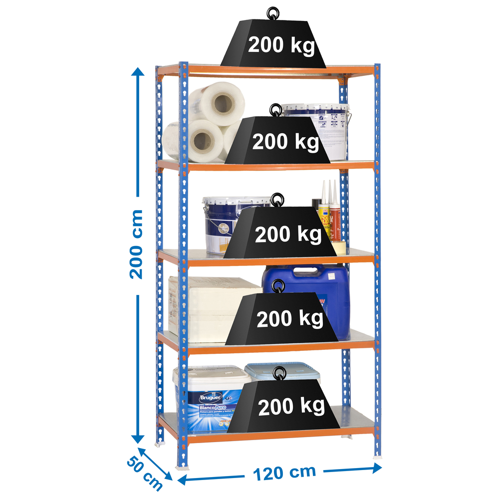 Rayonnage métallique léger sans vis 2000x1200x500 - 5 niveaux Bleu/Orange - SIMON RACK - 8425437076978