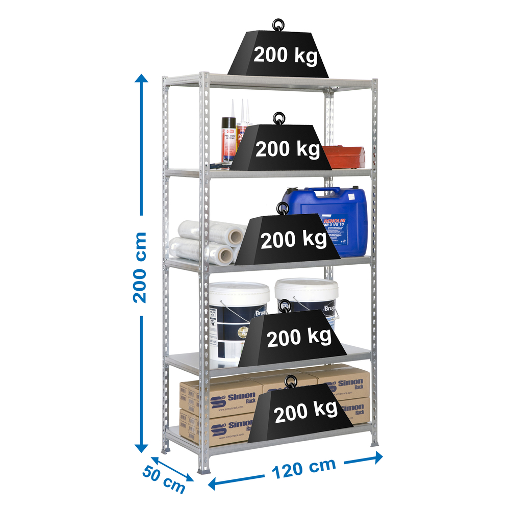 Rayonnage métallique léger sans vis 2000x1200x500 - 5 niveaux Galvanisé - SIMON RACK - 8425437076992