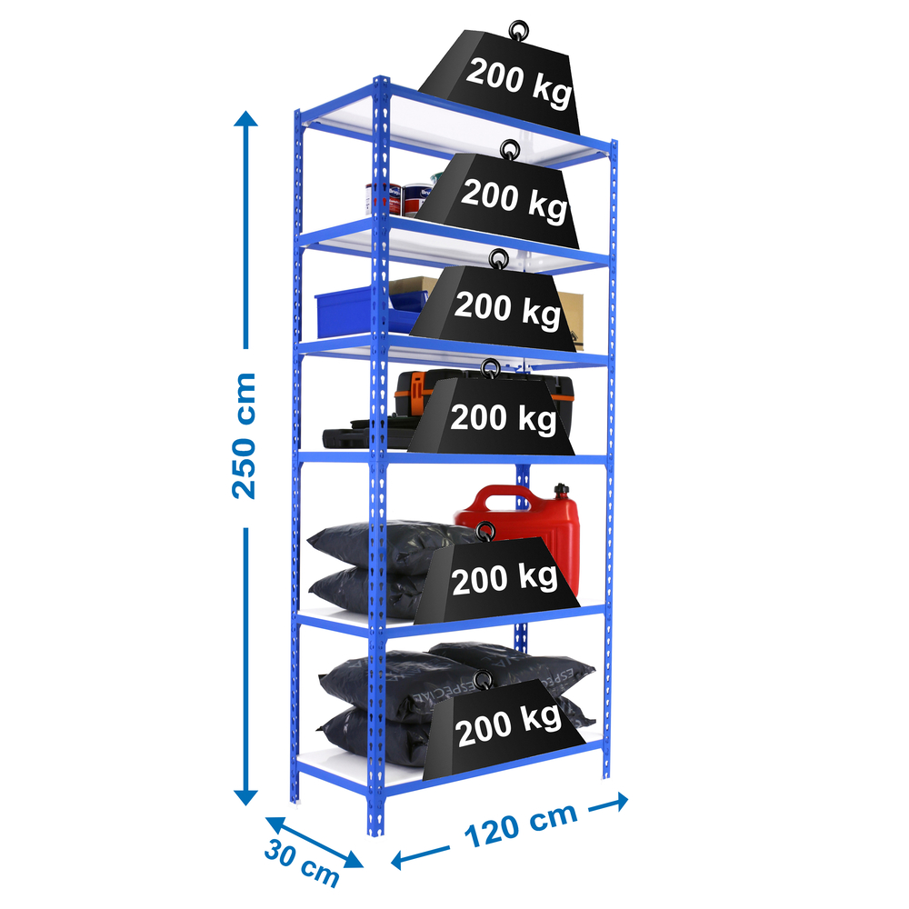 Rayonnage métallique léger sans vis 2500x1200x300 - 6 niveaux Bleu/Blanc - SIMON RACK - 8425437077012