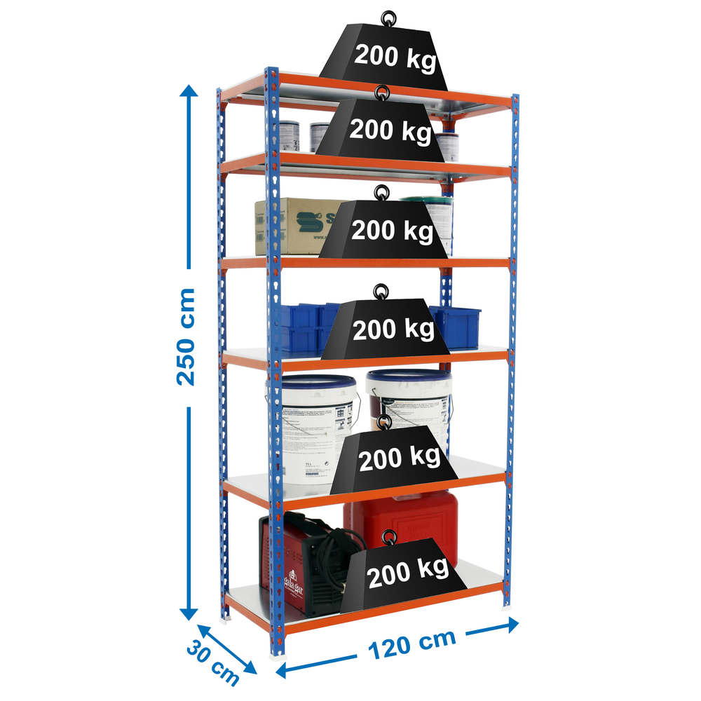 Rayonnage métallique léger sans vis 2500x1200x300 - 6 niveaux Bleu/Orange/Galvanisé - SIMON RACK - 8425437077036