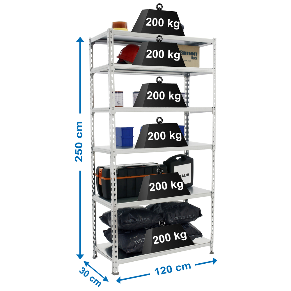 Rayonnage métallique léger sans vis 2500x1200x300 - 6 niveaux Galvanisé - SIMON RACK - 8425437077050