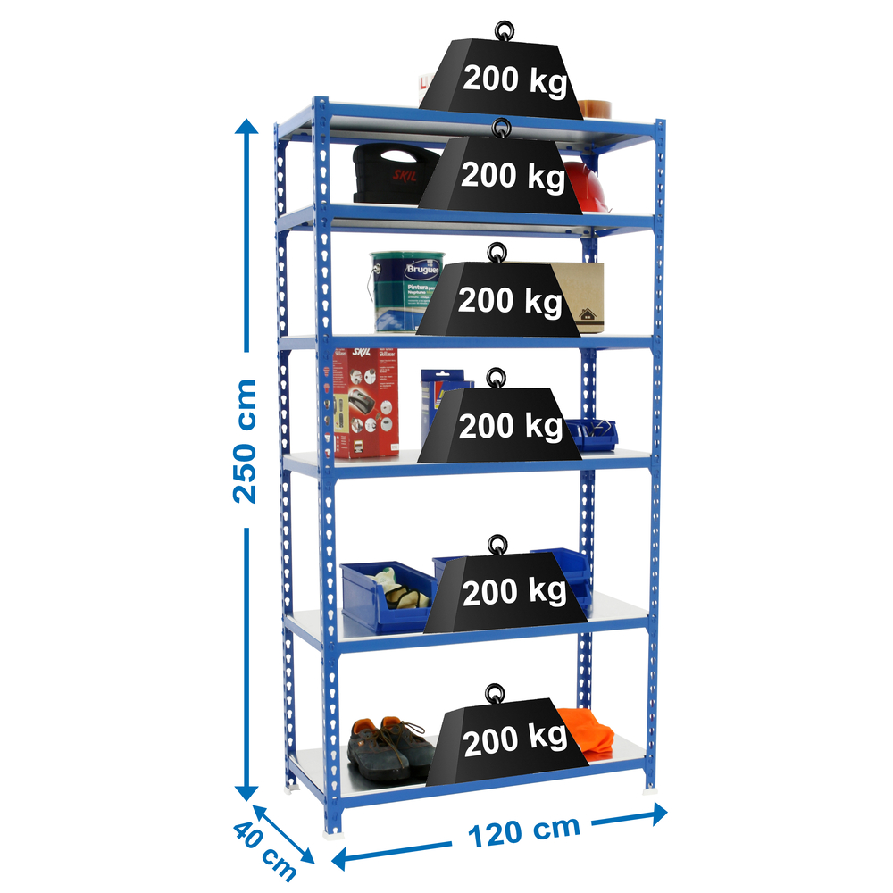 Rayonnage métallique léger sans vis 2500x1200x400 - 6 niveaux Bleu - SIMON RACK - 8425437077074
