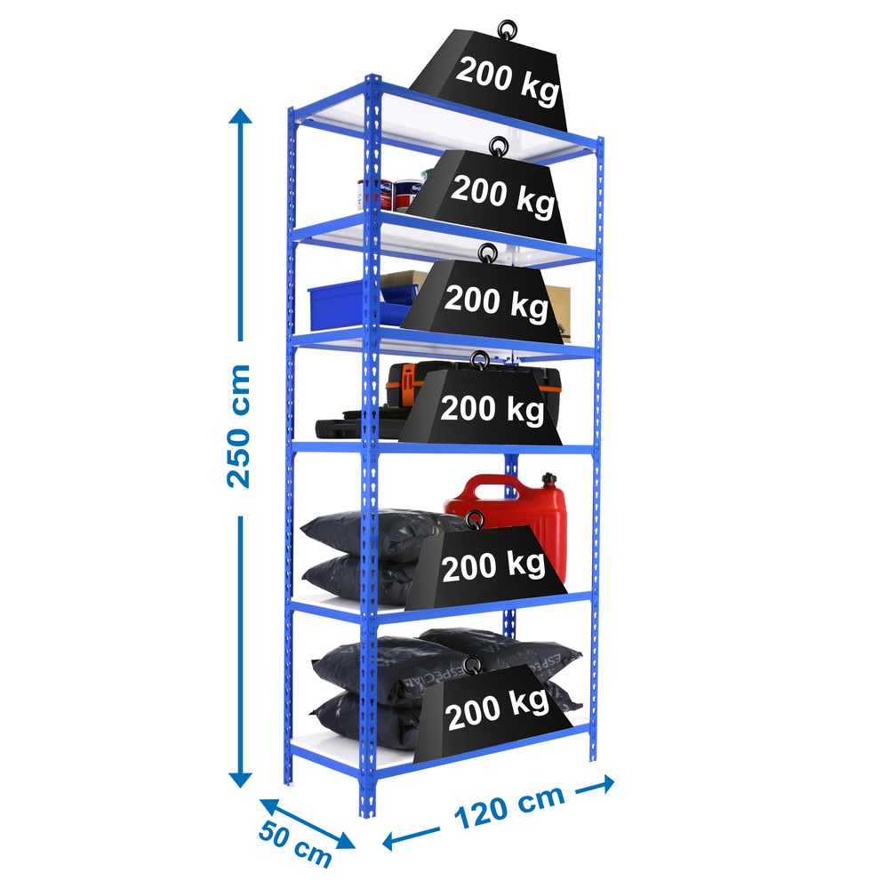 Rayonnage métallique léger sans vis 2500x1200x500 - 6 niveaux Bleu/Blanc - SIMON RACK - 8425437077111