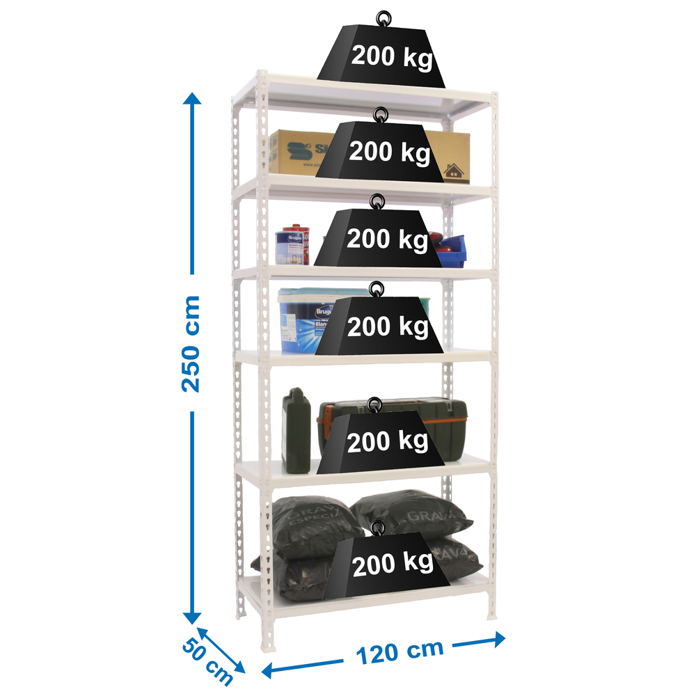 Rayonnage métallique léger sans vis 2500x1200x500 - 6 niveaux Blanc - SIMON RACK - 8425437077142