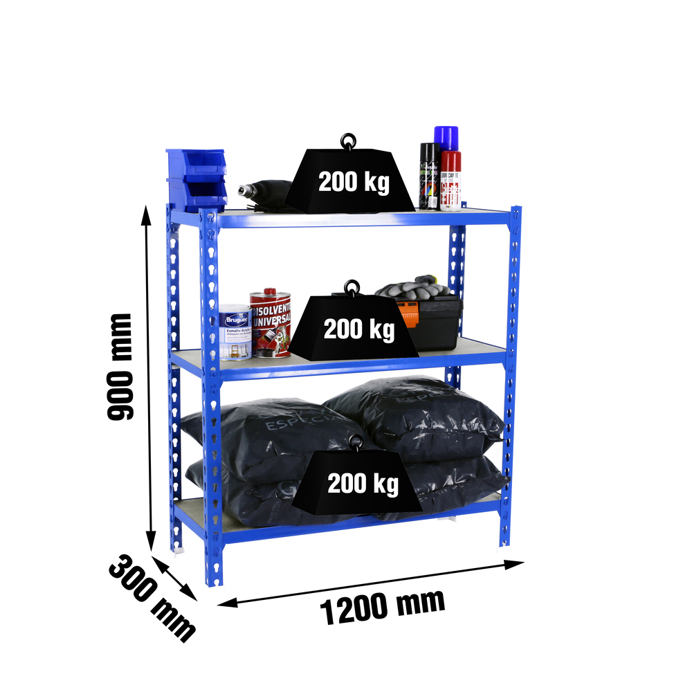 Rayonnage bois-métal léger sans vis 900x1200x300 - 3 niveaux Bleu/Bois - SIMON RACK - 8425437077166