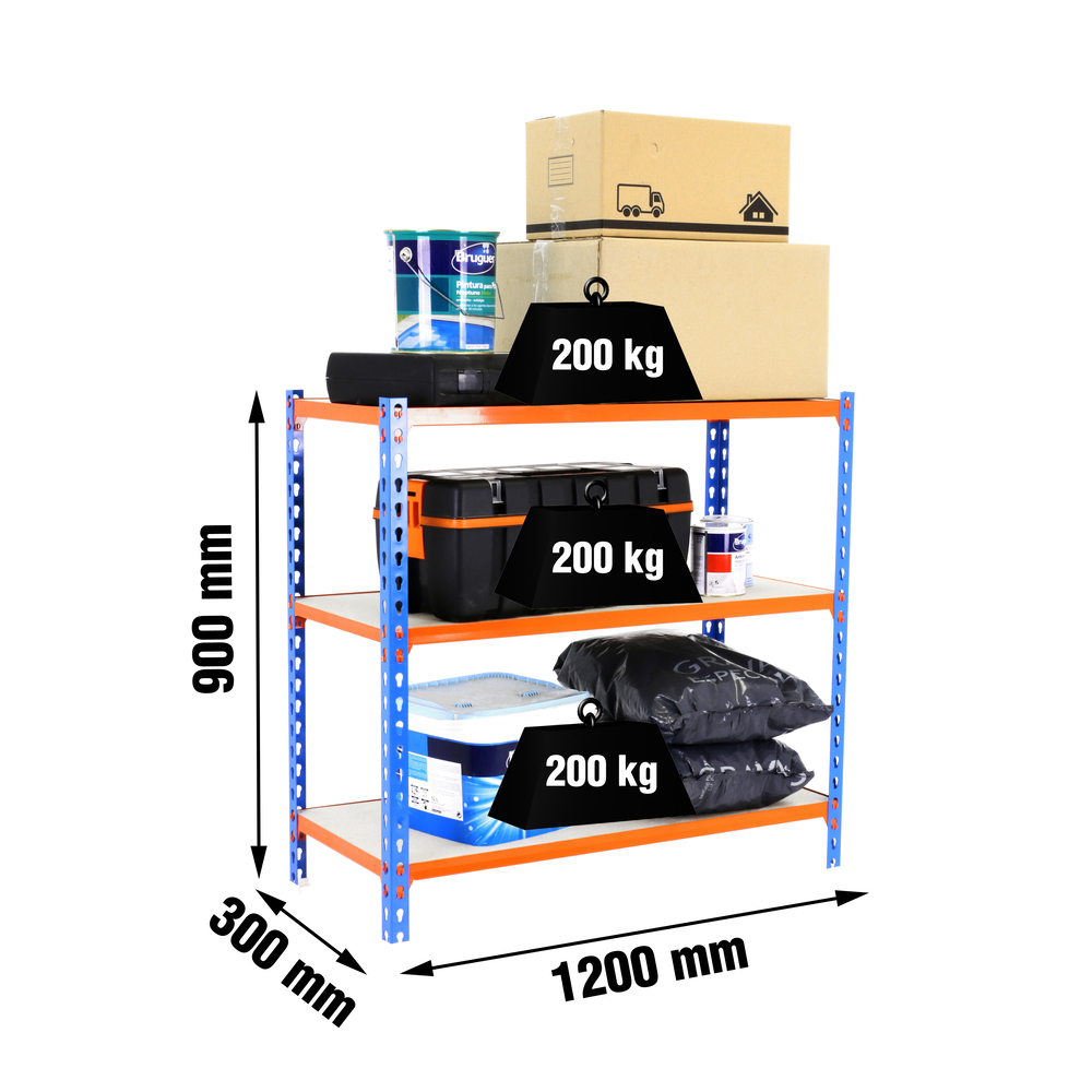 Rayonnage bois-métal léger sans vis 900x1200x300 - 3 niveaux Bleu/Bois - SIMON RACK - 8425437077173