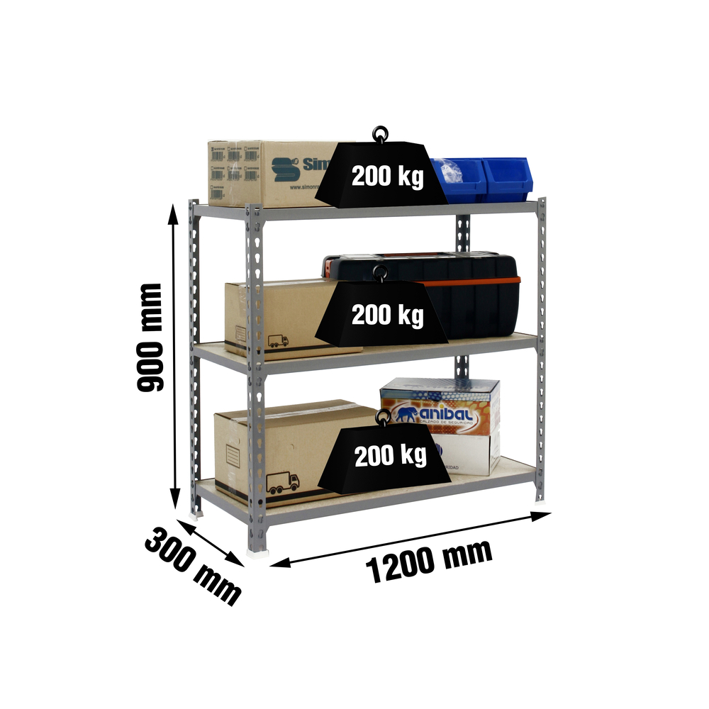 Rayonnage bois-métal léger sans vis 900x1200x300 - 3 niveaux Gris/Bois - SIMON RACK - 8425437077203
