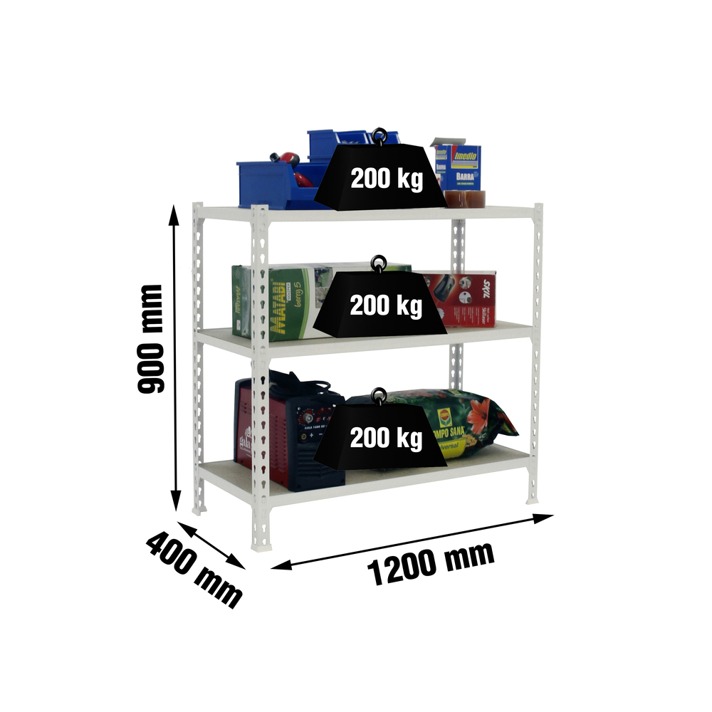 Rayonnage bois-métal léger sans vis 900x1200x400 - 3 niveaux Blanc/Bois - SIMON RACK - 8425437077234