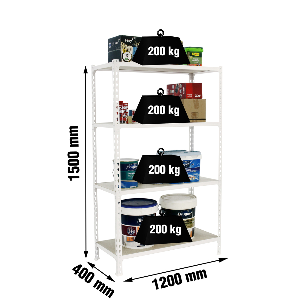Rayonnage bois-métal léger sans vis 1500x1200x400 - 4 niveaux Blanc/Bois - SIMON RACK - 8425437077388