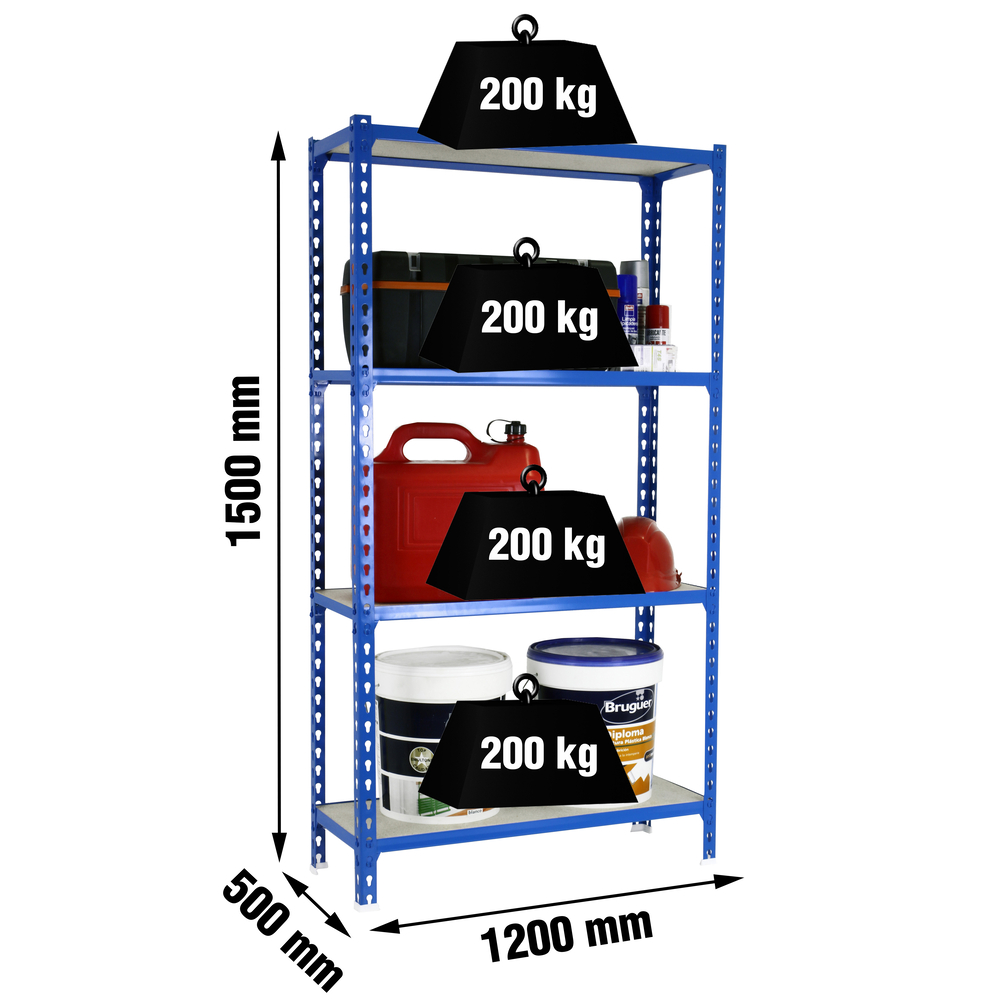 Rayonnage bois-métal léger sans vis 1500x1200x500 - 4 niveaux Bleu/Bois - SIMON RACK - 8425437077418
