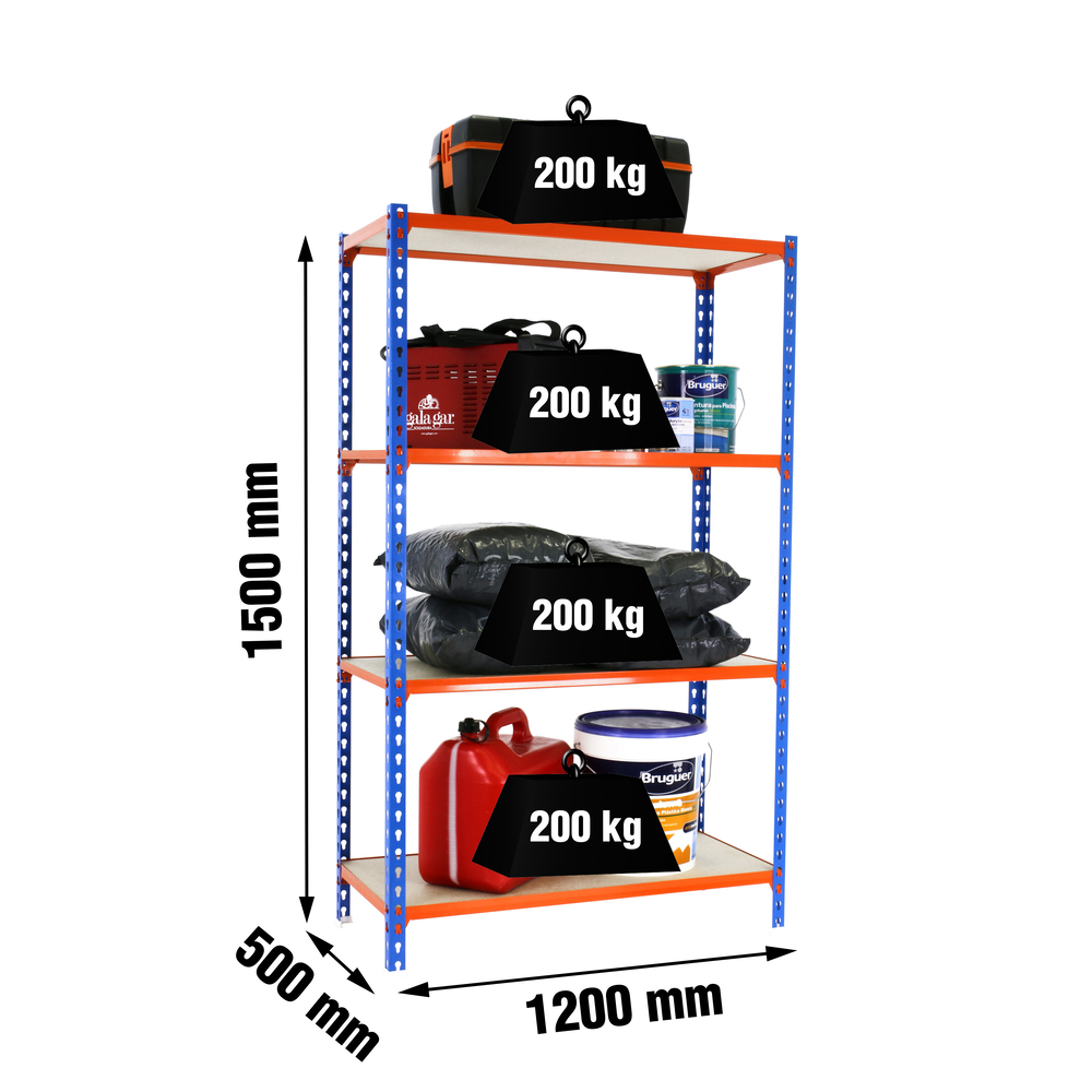 Rayonnage bois-métal léger sans vis 1500x1200x500 - 4 niveaux Bleu/Orange/Bois - SIMON RACK - 8425437077425
