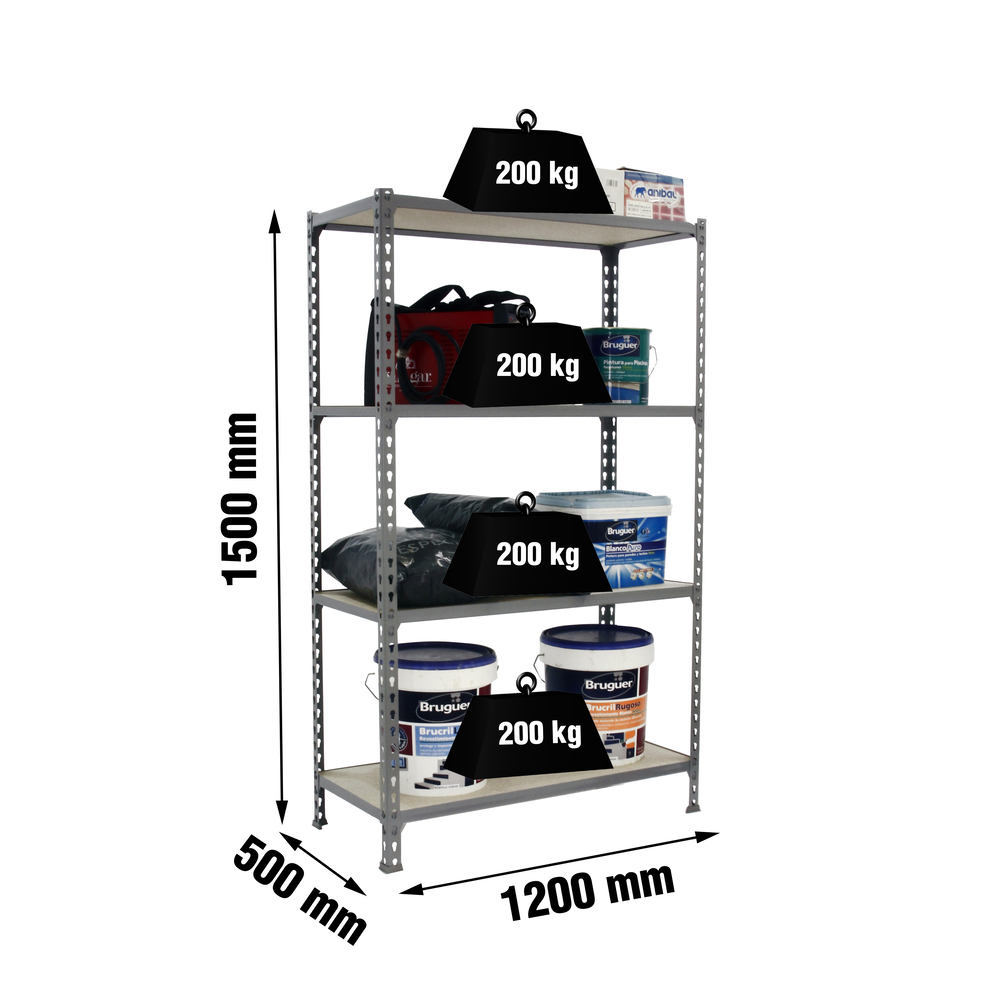 Rayonnage bois-métal léger sans vis 1500x1200x500 - 4 niveaux Gris/Bois - SIMON RACK - 8425437077456