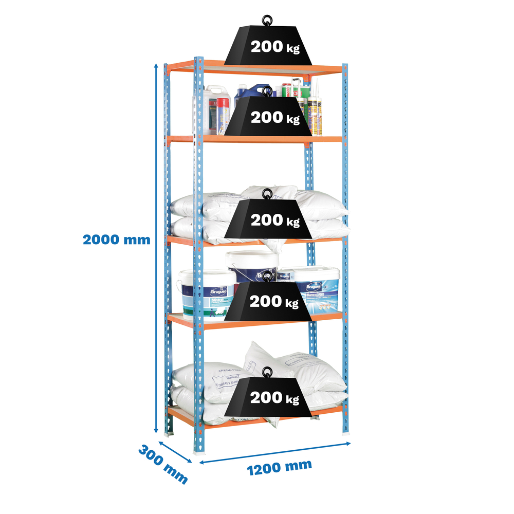 Rayonnage bois-métal léger sans vis 2000x1200x300 - 5 niveaux Bleu/Orange/Bois - SIMON RACK - 8425437077470