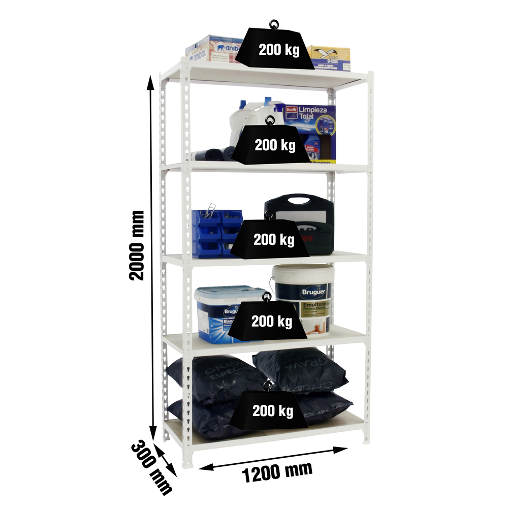 Rayonnage bois-métal léger sans vis 2000x1200x300 - 5 niveaux Blanc/Bois - SIMON RACK - 8425437077487