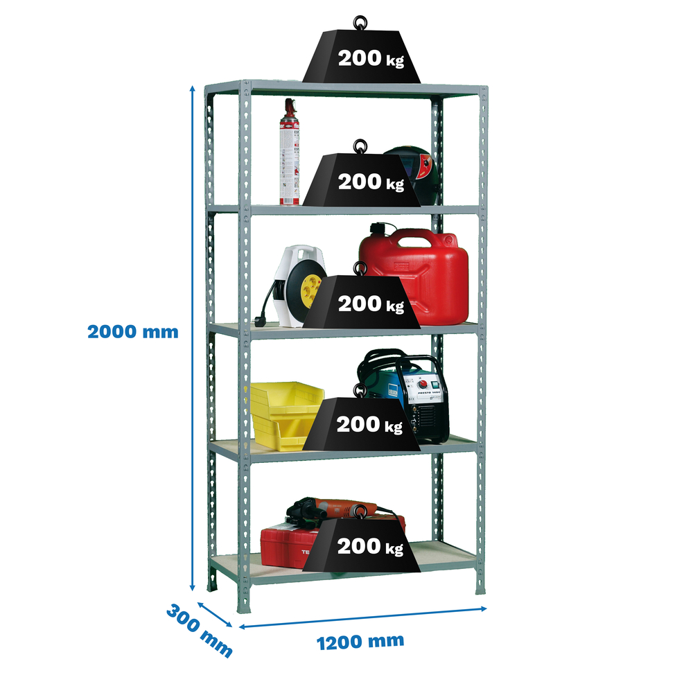 Rayonnage bois-métal léger sans vis 2000x1200x300 - 5 niveaux Bois - SIMON RACK - 8425437077494