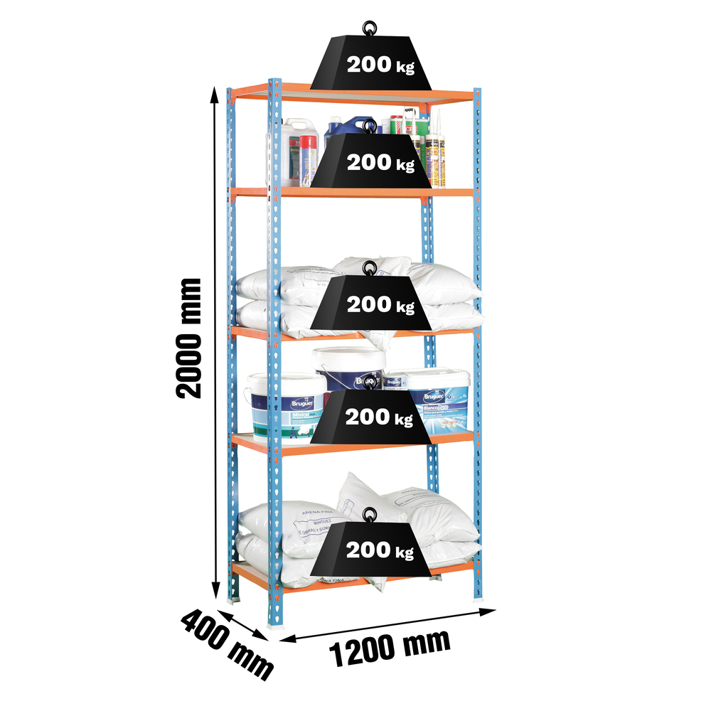 Rayonnage bois-métal léger sans vis 2000x1200x400 - 5 niveaux Bleu/Orange/Bois - SIMON RACK - 8425437077524