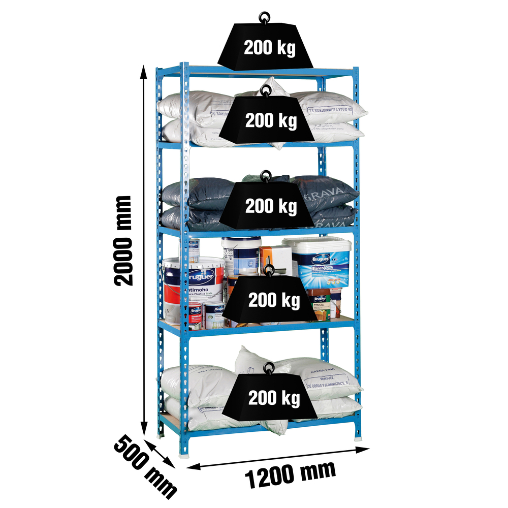 Rayonnage bois-métal léger sans vis 2000x1200x500 - 5 niveaux Bleu/Bois - SIMON RACK - 8425437077562