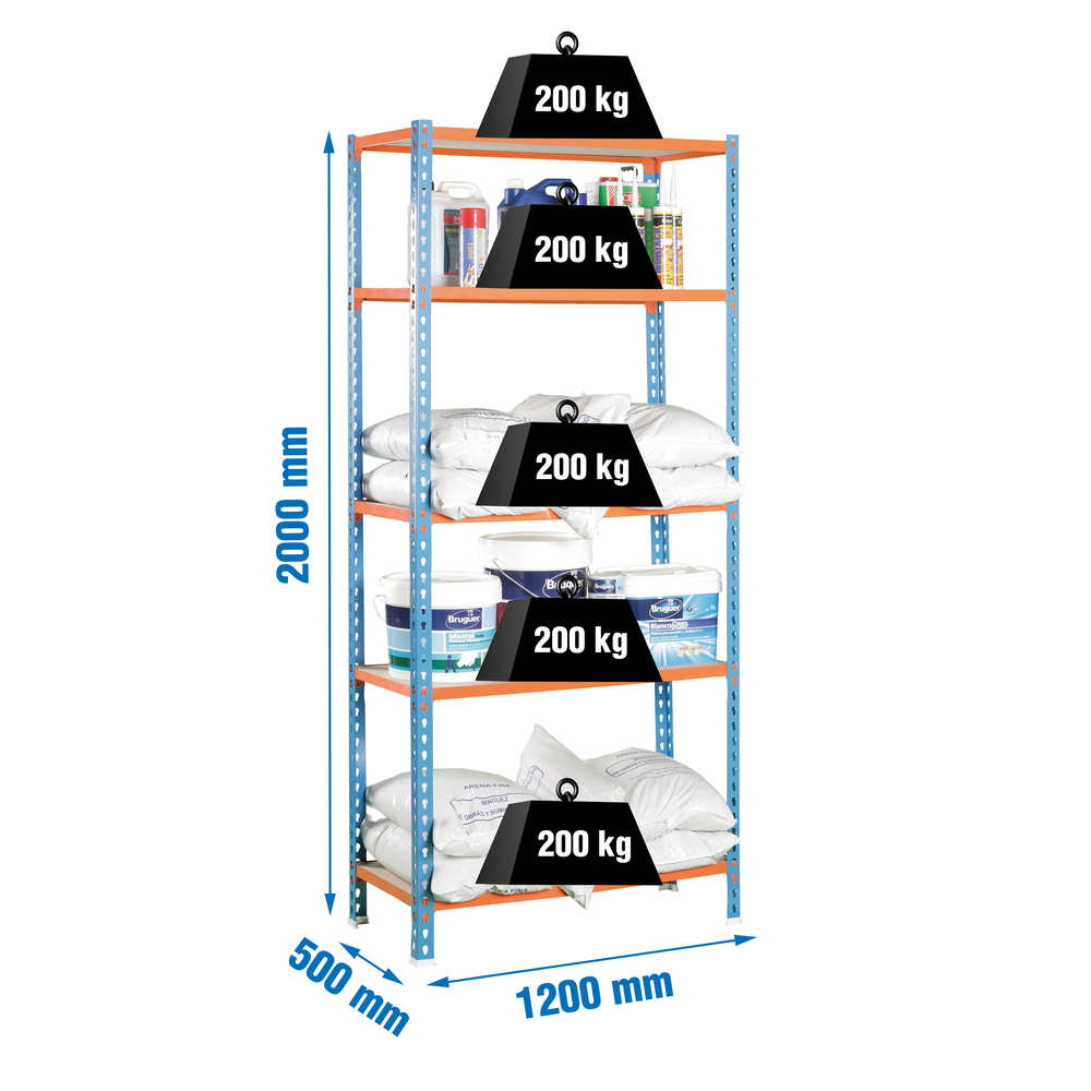 Rayonnage bois-métal léger sans vis 2000x1200x500 - 5 niveaux Bleu/Orange/Bois - SIMON RACK - 8425437077579