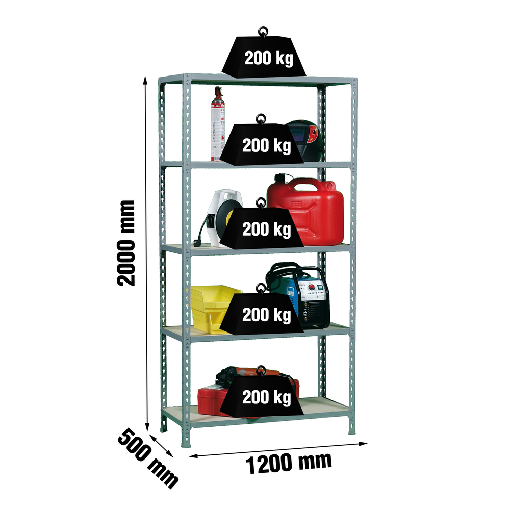 Rayonnage bois-métal léger sans vis 2000x1200x500 - 5 niveaux Gris/Bois - SIMON RACK - 8425437077609