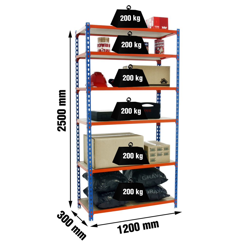 Rayonnage bois-métal léger sans vis 2500x1200x300 - 6 niveaux Bleu/Orange/Bois - SIMON RACK - 8425437077623