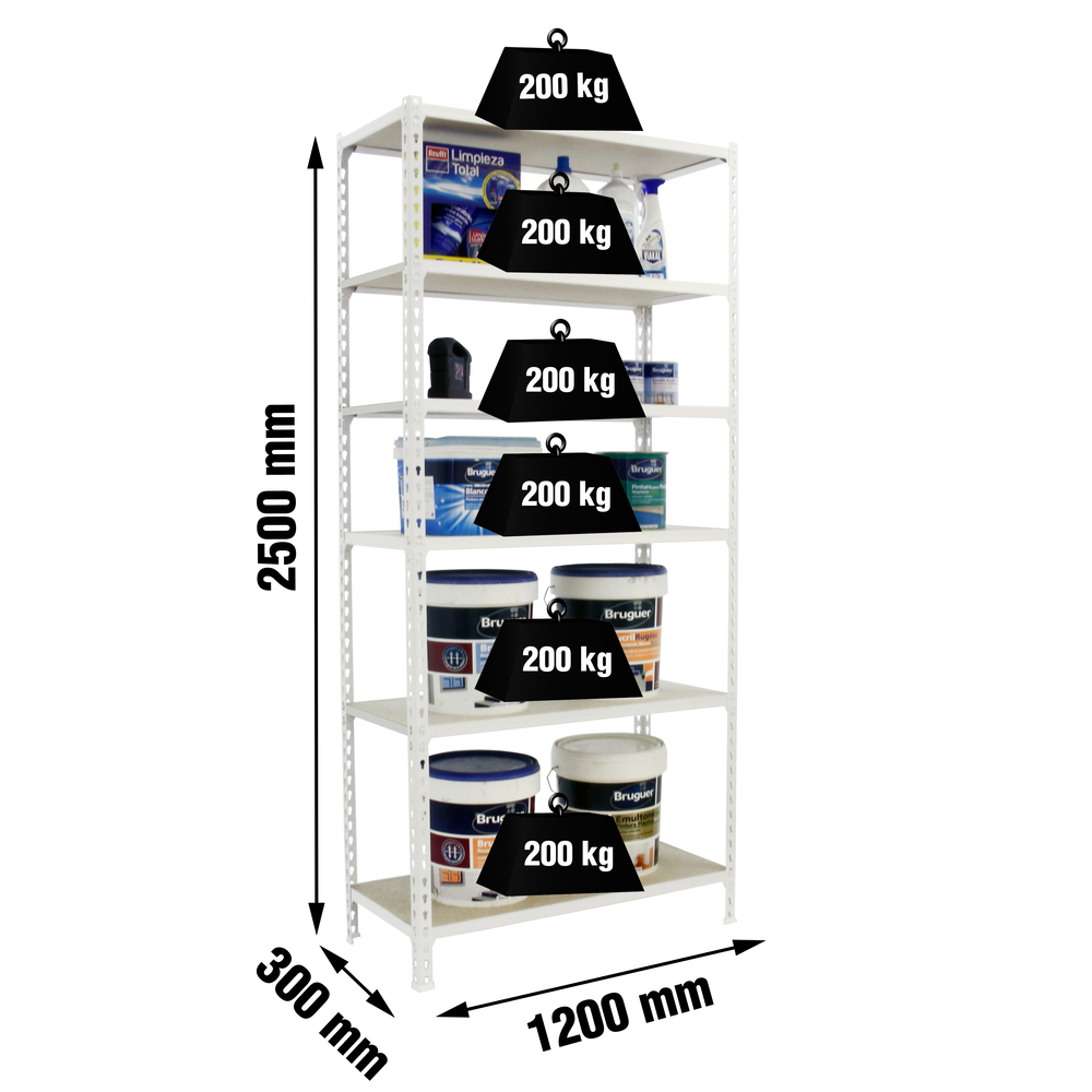 Rayonnage bois-métal léger sans vis 2500x1200x300 - 6 niveaux Blanc/Bois - SIMON RACK - 8425437077630