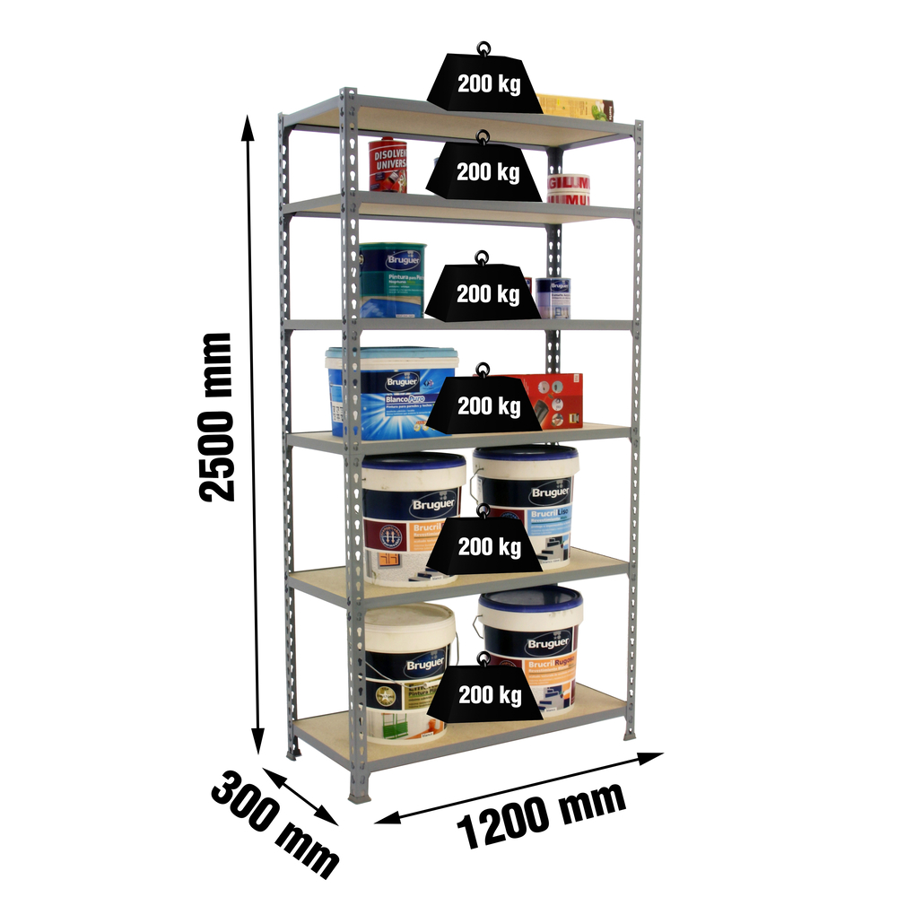 Rayonnage bois-métal léger sans vis 2500x1200x300 - 6 niveaux Gris/Bois - SIMON RACK - 8425437077654