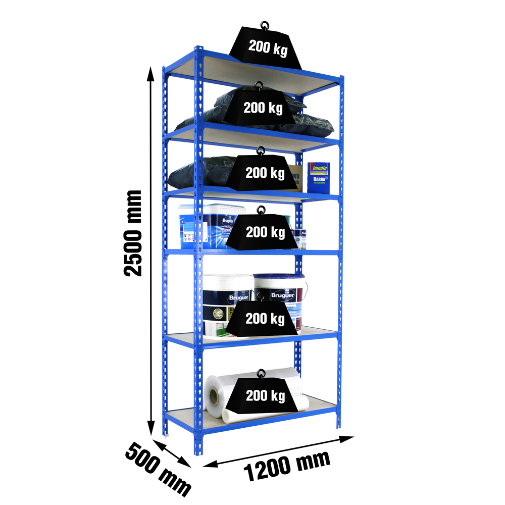 Rayonnage bois-métal léger sans vis 2500x1200x500 - 6 niveaux Bleu/Bois - SIMON RACK - 8425437077715