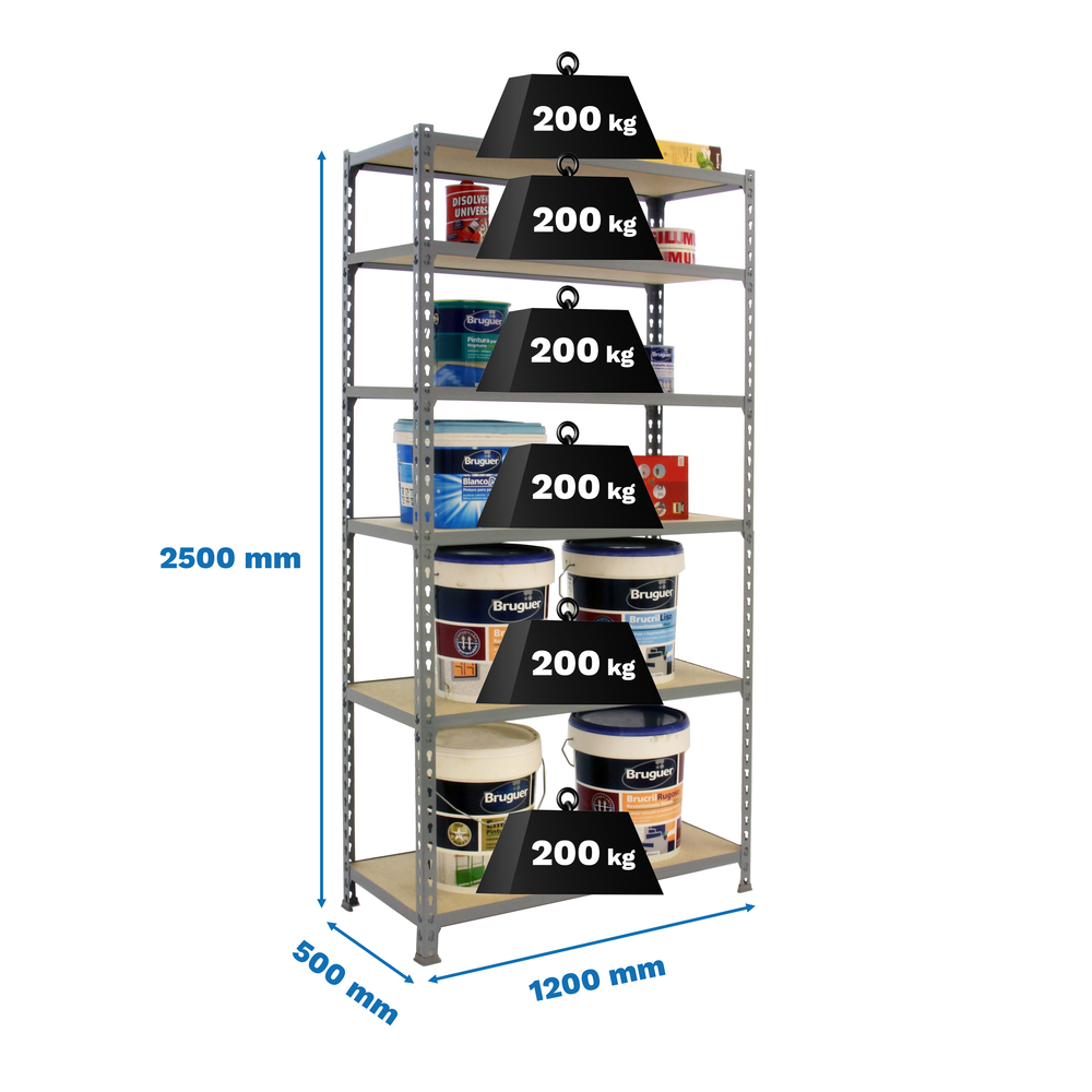 Rayonnage bois-métal léger sans vis 2500x1200x500 - 6 niveaux Gris/Bois - SIMON RACK - 8425437077753