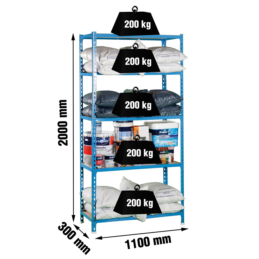 Rayonnage bois-métal léger sans vis 2000x1100x300 - 5 niveaux Bleu/Bois - SIMON RACK - 8425437077760