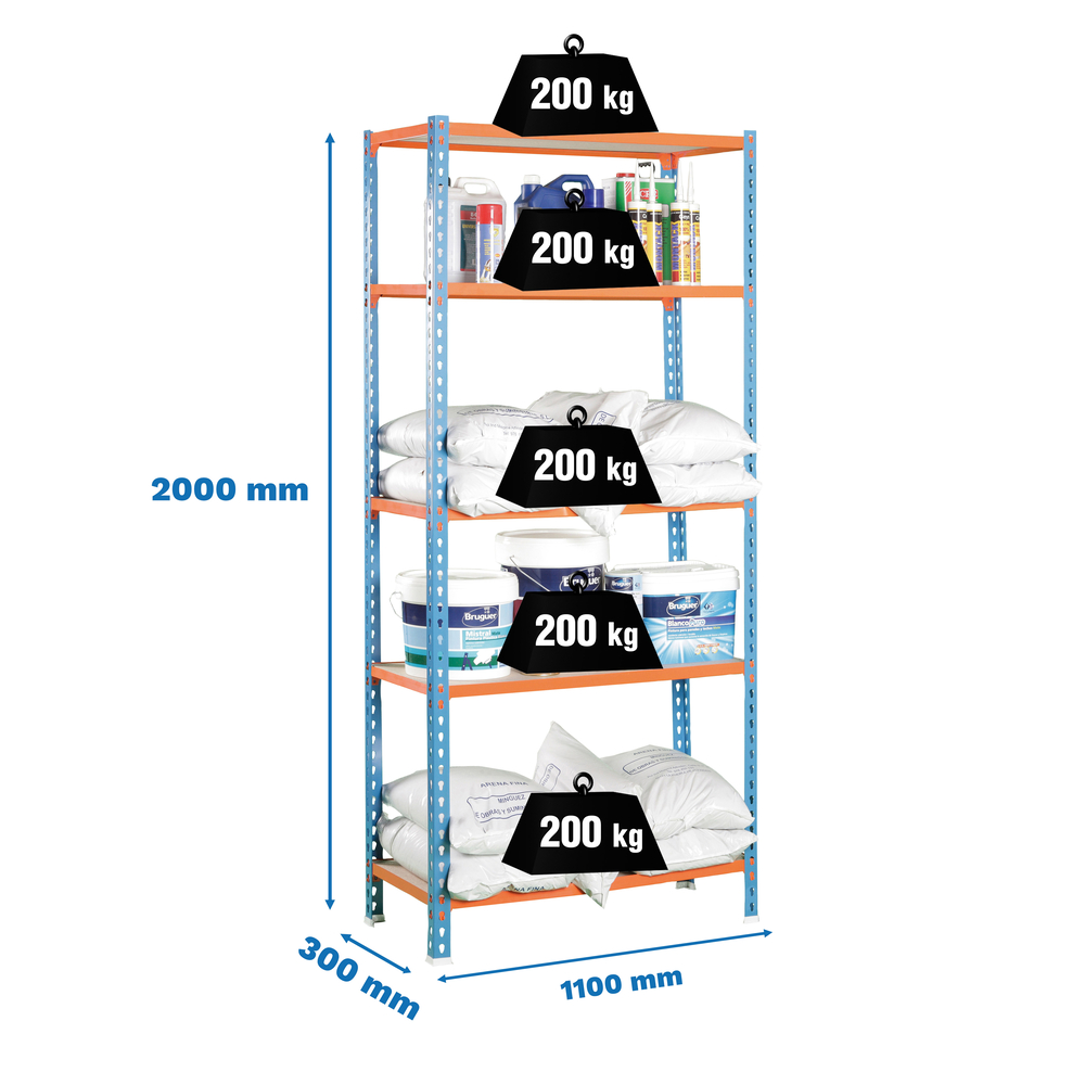 Rayonnage bois-métal léger sans vis 2000x1100x300 - 5 niveaux Bleu/Orange/Bois - SIMON RACK - 8425437077777