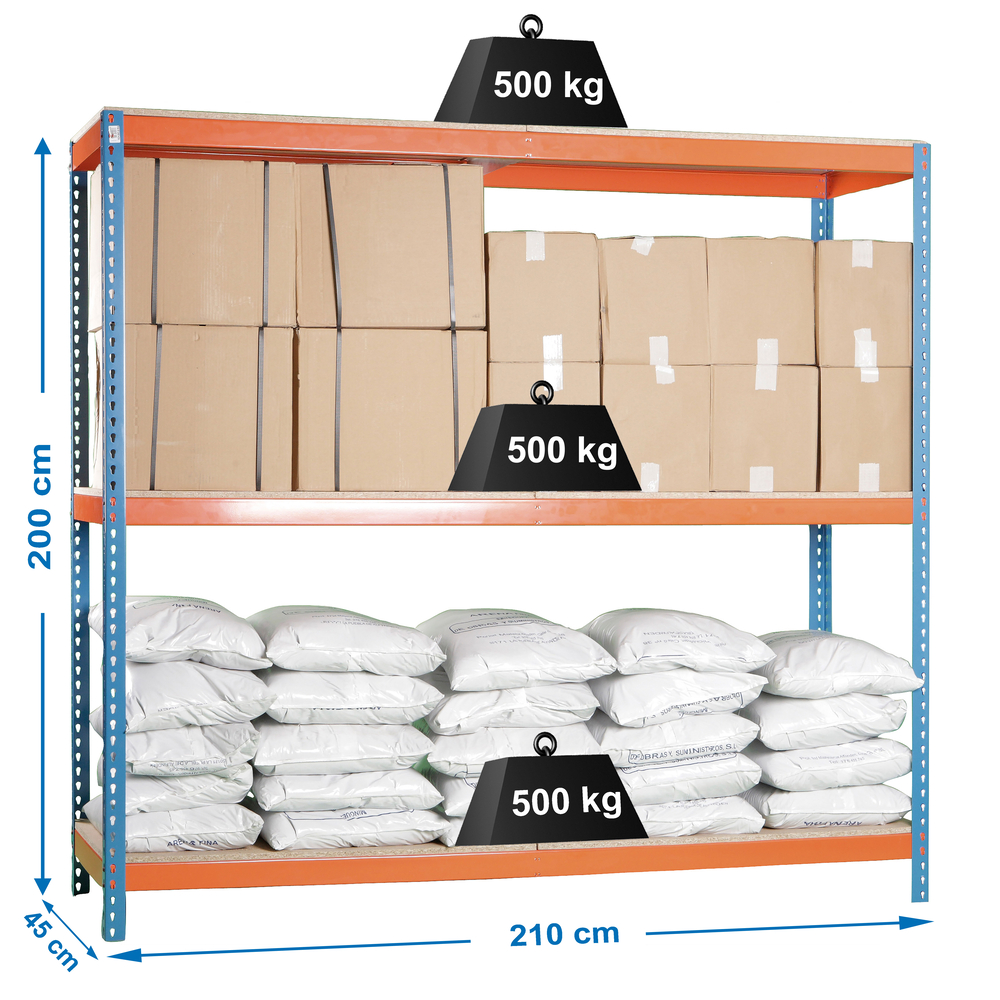 Étagère charge moyenne 500 à 600kg - 2000x2100x450 - 3 niveaux Bleu/Orange/Bois - SIMON RACK - 8425437081484