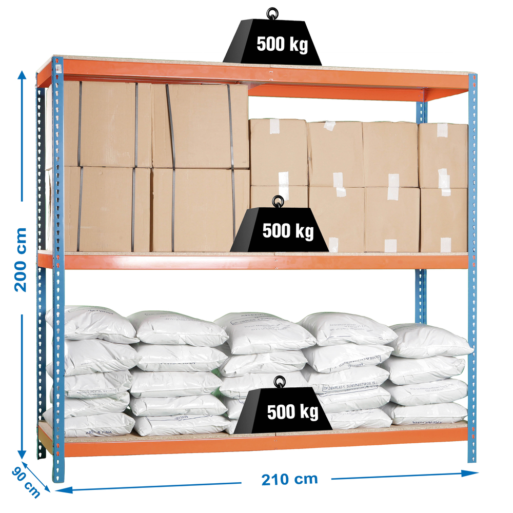 Étagère charge moyenne 500 à 600kg - 2000x2100x900 - 3 niveaux Bleu/Orange/Bois - SIMON RACK - 8425437081545