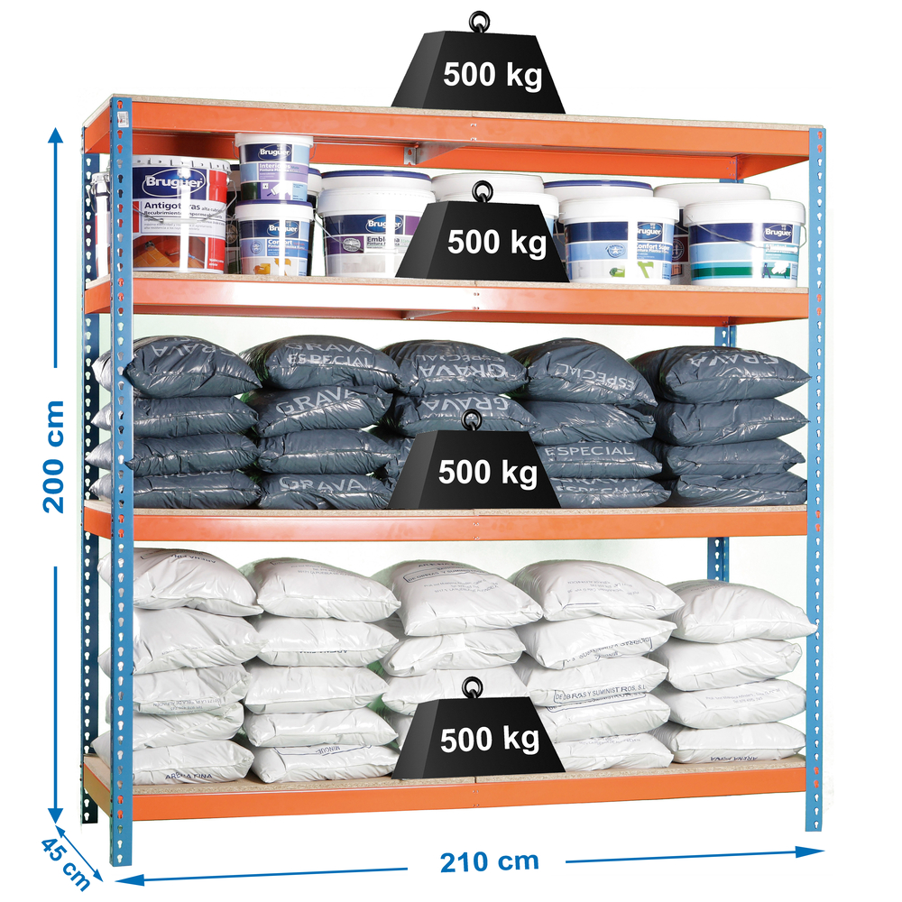 Étagère charge moyenne 500 à 600kg - 2000x2100x450 - 4 niveaux Bleu/Orange/Bois - SIMON RACK - 8425437081569