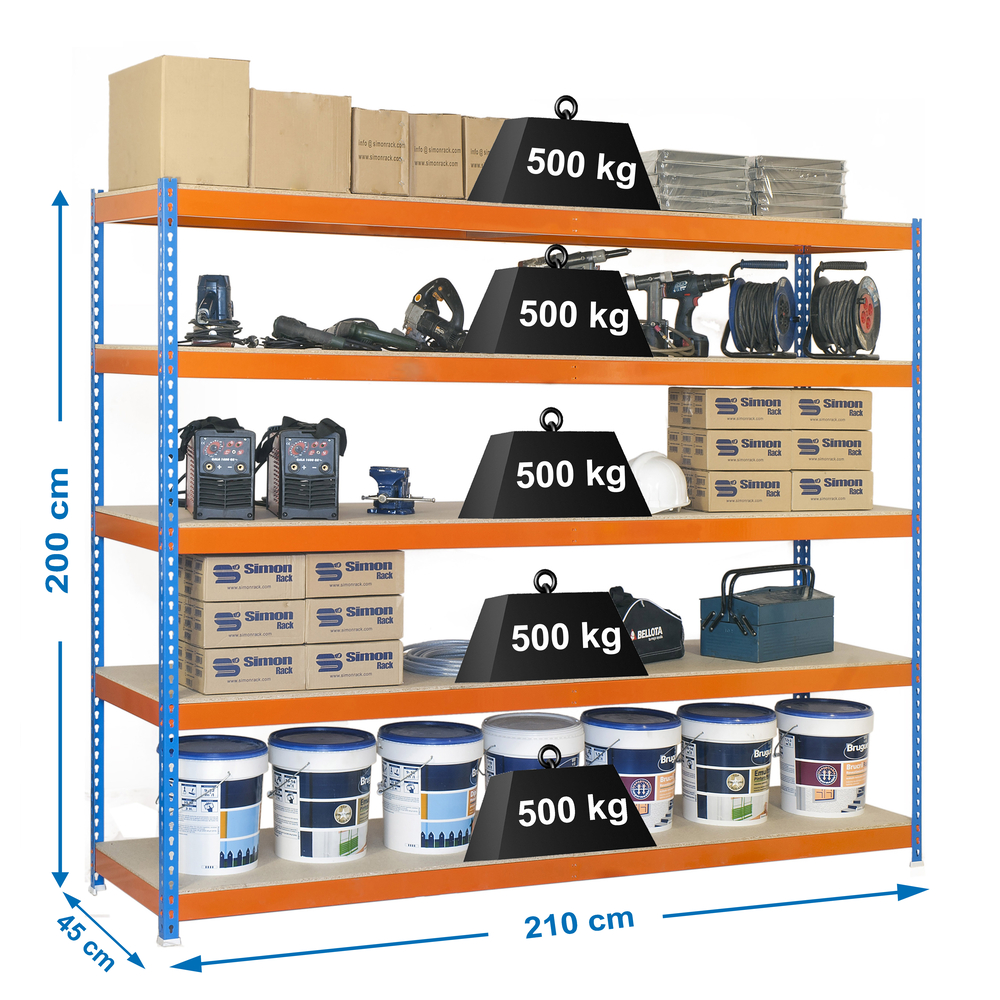 Étagère charge moyenne 500 à 600kg - 2000x2100x450 - 5 niveaux Bleu/Orange/Bois - SIMON RACK - 8425437081644